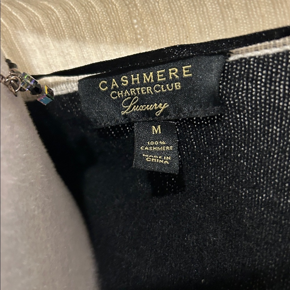 Charter Club Luxury 100% Cashmere Black/Cream Open Cardigan Sweater Size Medium - Picture 2 of 5